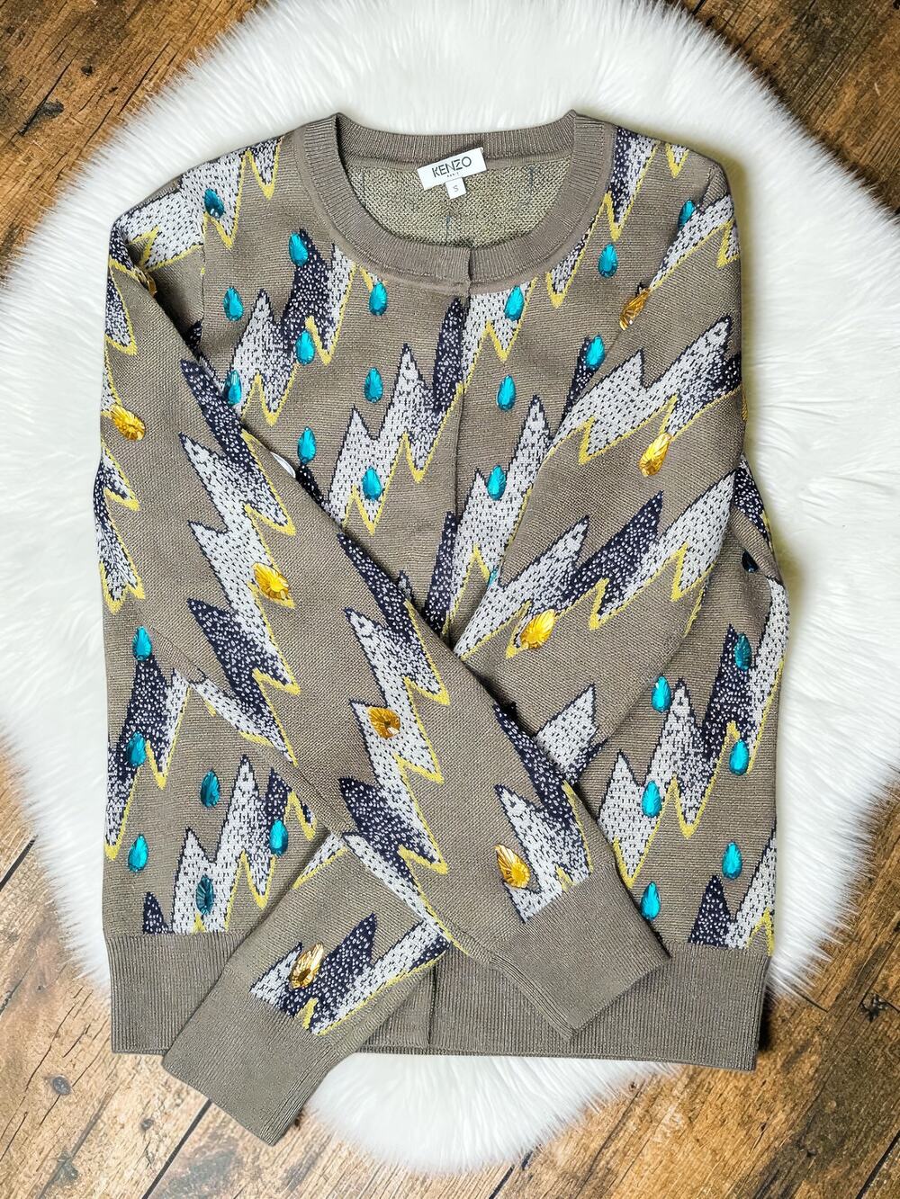 RARE KENZO Lightning Bolt Rhinestone Cardigan Graphic Sweater Small S